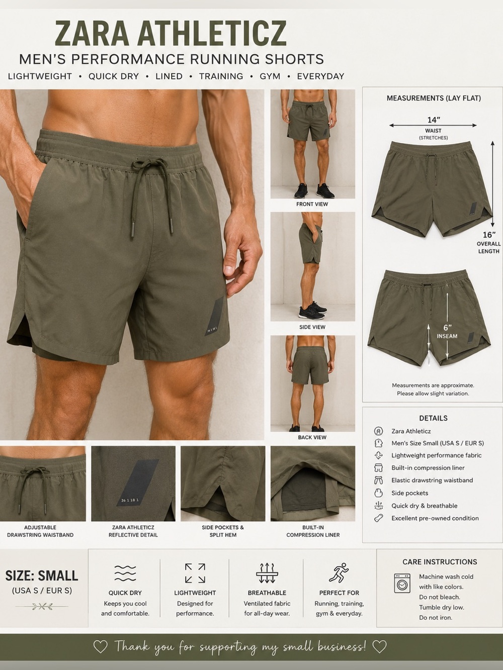 Zara Athleticz Men's Olive Green Performance Running Training Shorts Size Small